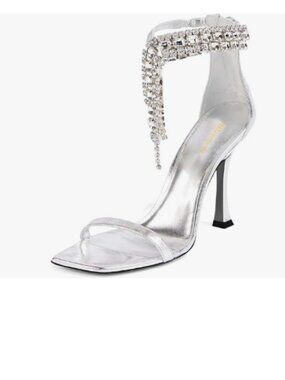 Wansseny Silver Gorgeous Rhinestone Ankle Strap Open Square Toe Sandals Back Zip